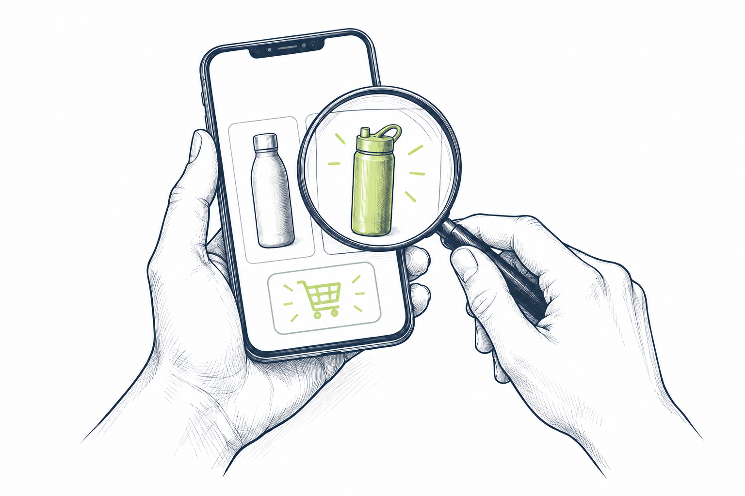 Produktsuche und Einkauf auf dem Smartphone mit Lupe und Warenkorb